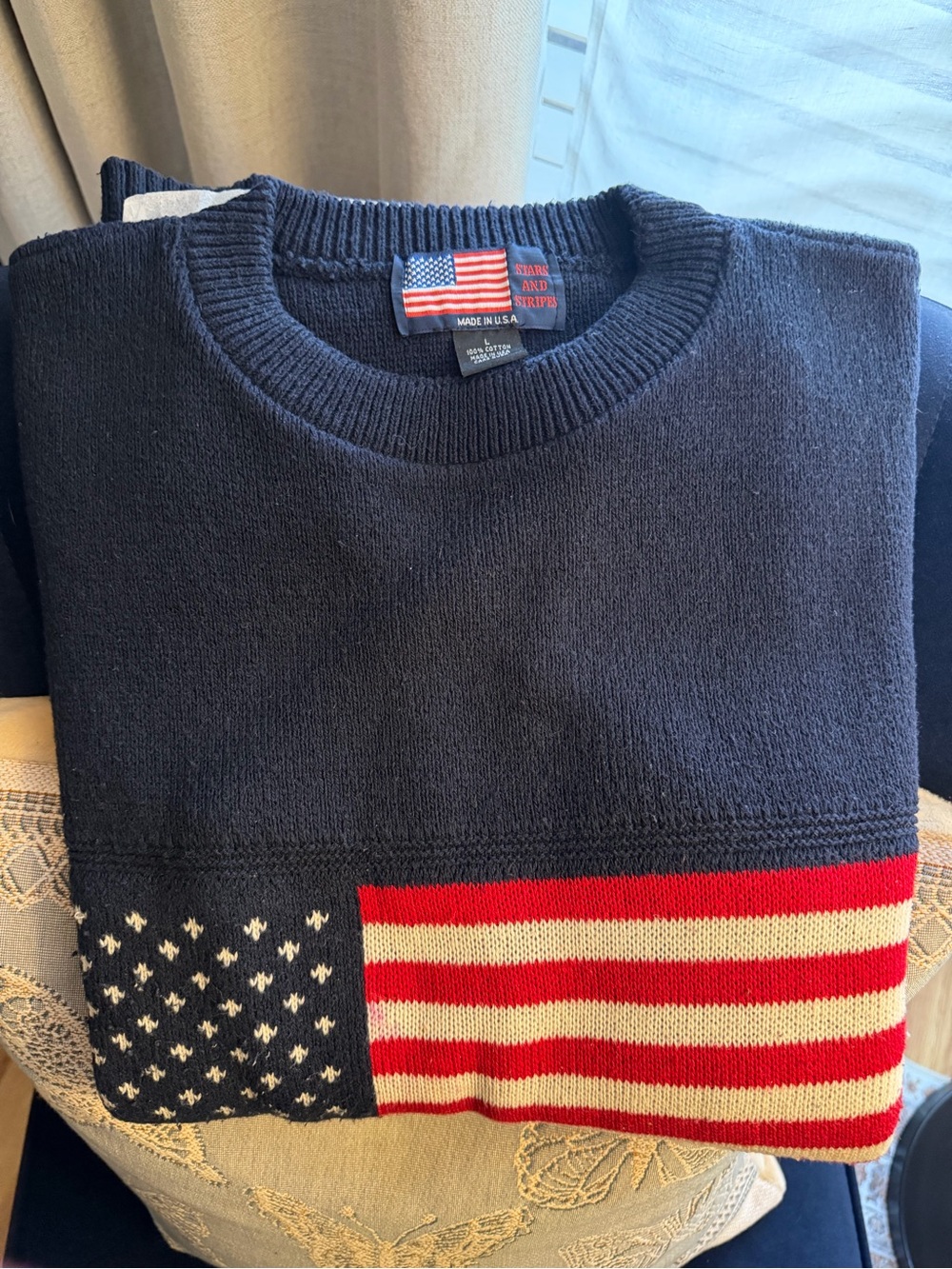 Navy Crewneck Sweater with Flag Panel